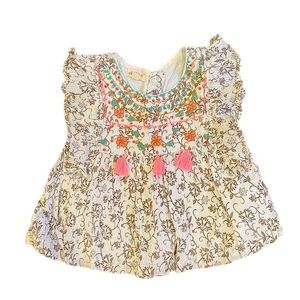 Embroidered Floral Tassel Toddler Top - Pink & Cream